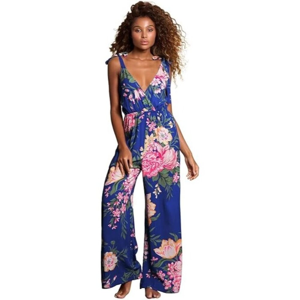 Wide-Leg Floral Jumpsuit in Navy Blue